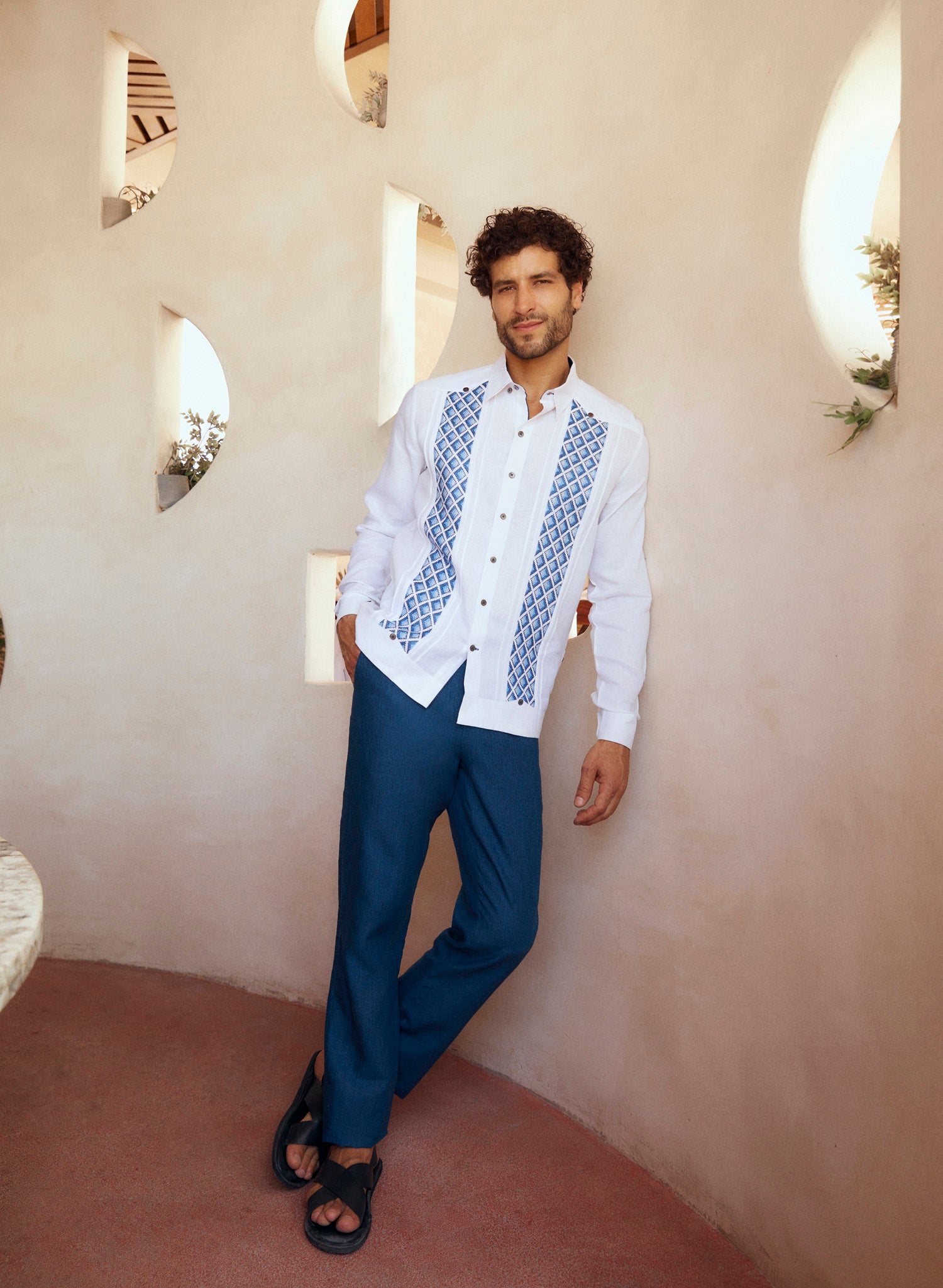 Guayabera 100% Lino Horus Azul