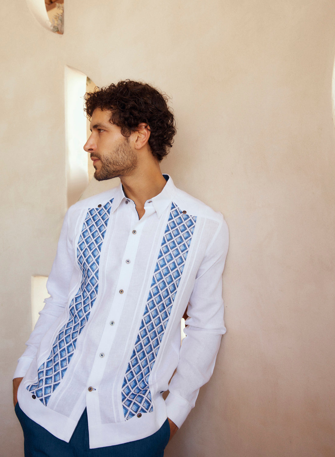 Guayabera 100% Lino Horus Azul