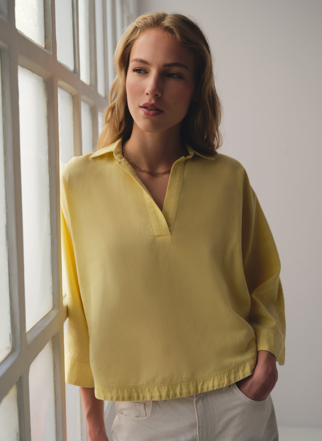 Blusa con cuello camisero Lino Algodón Bomla