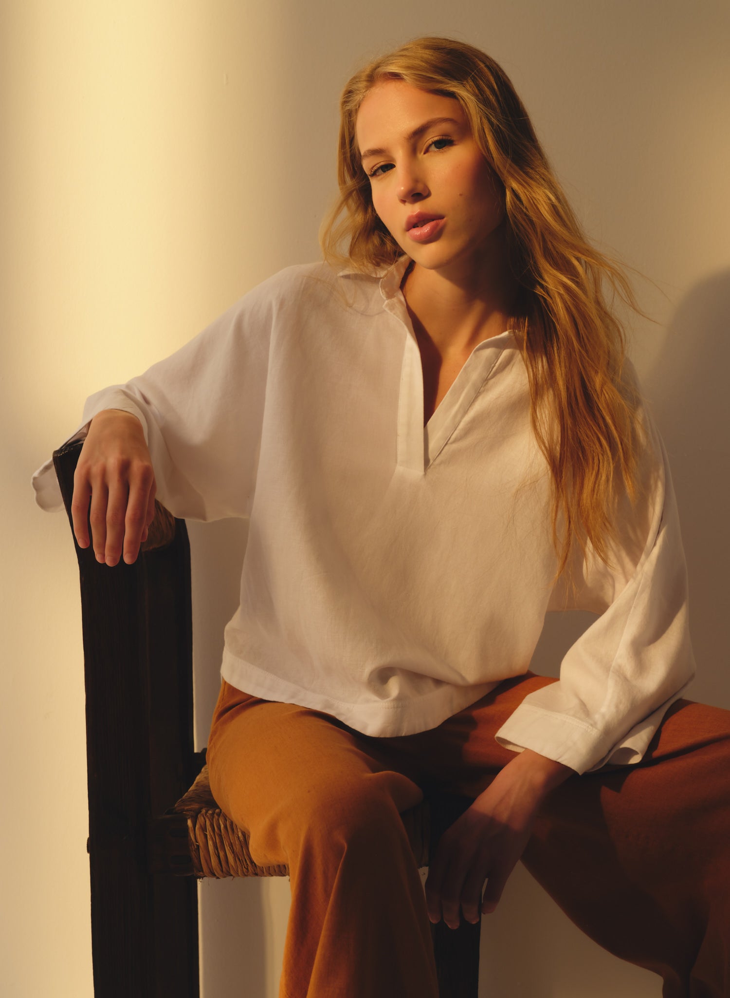 Blusa con cuello camisero Lino Algodón Bomla