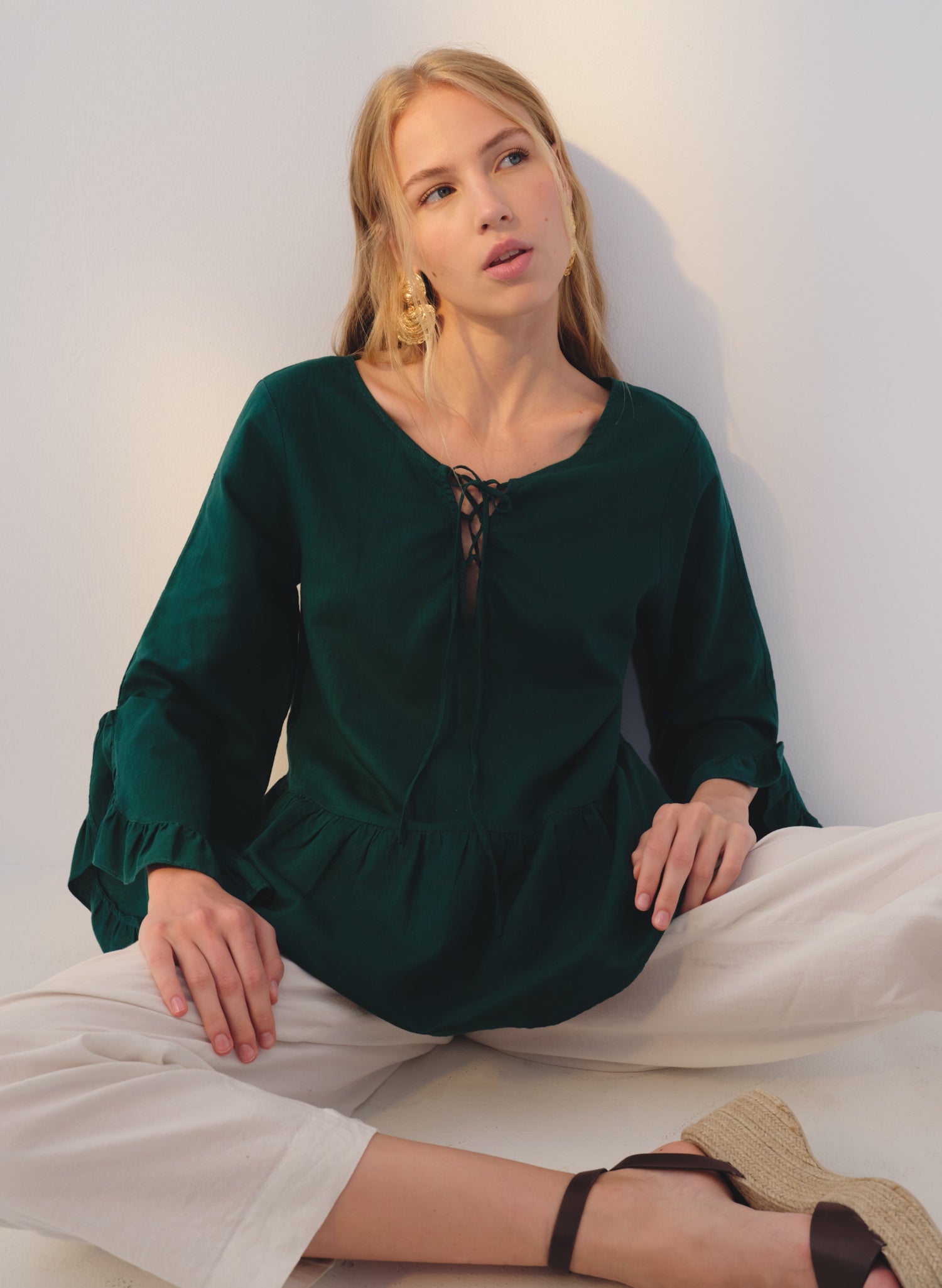 Blusa con olanes Lino Algodón Kalfrana