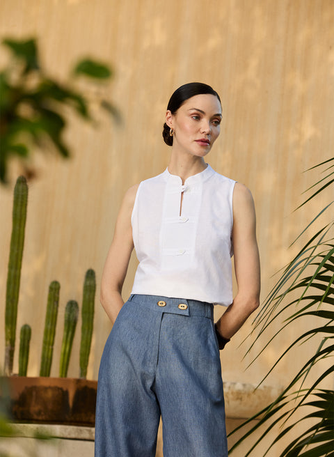 Blusa Cuello Mao 100% Lino Oyuki