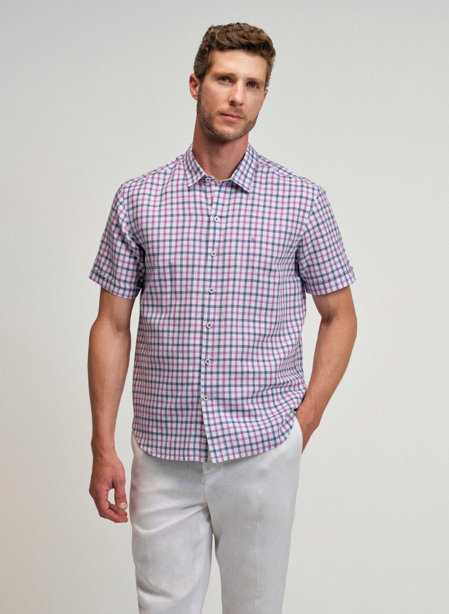  Camisa de cuadro de manga corta para hombre