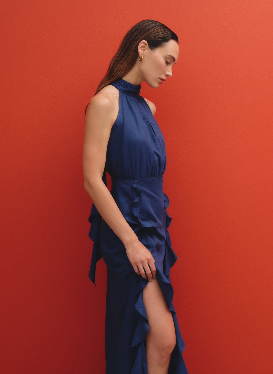 Vestido con escote halter en Lino Algodón Aine