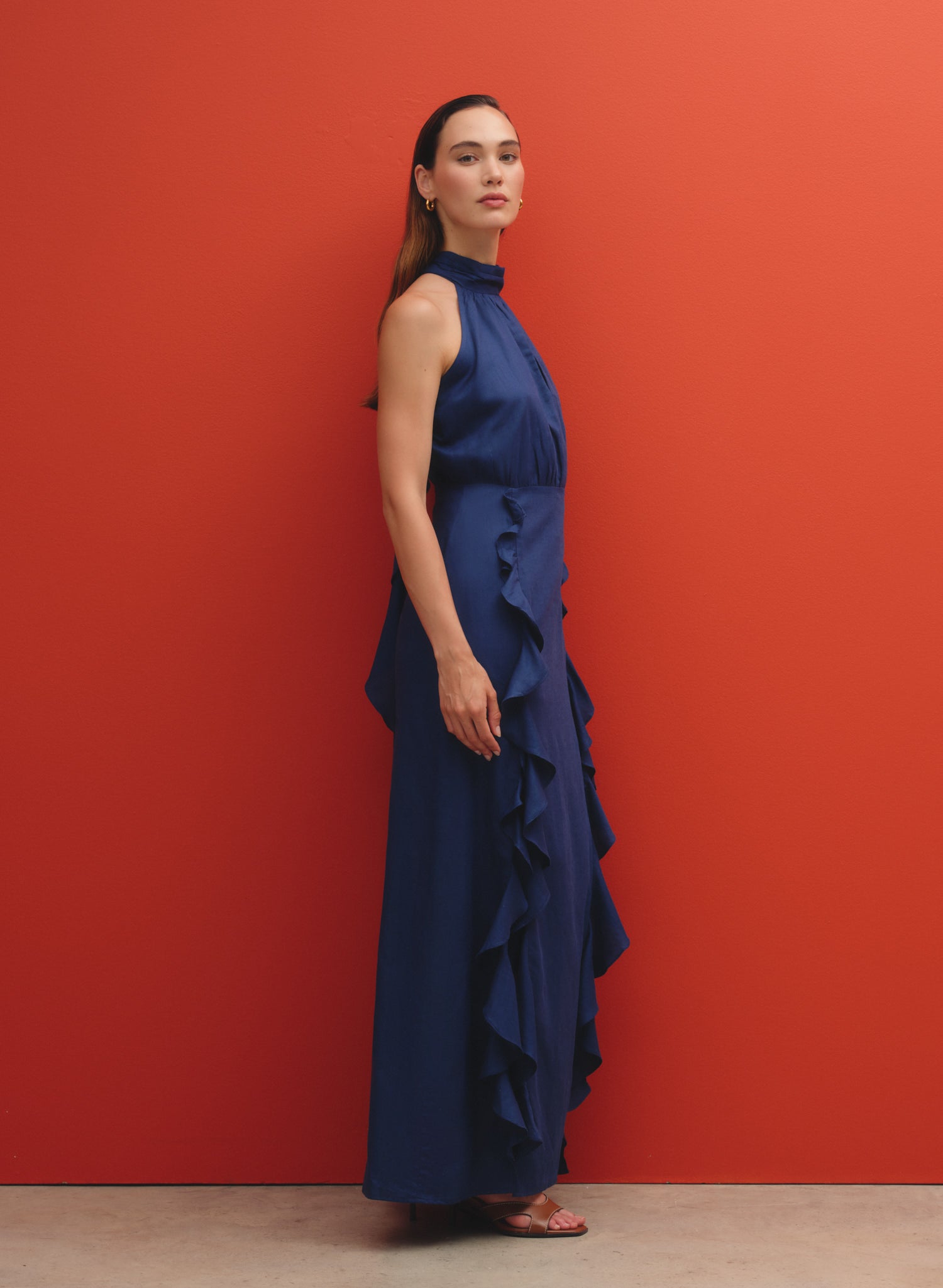 Vestido con escote halter en Lino Algodón Aine
