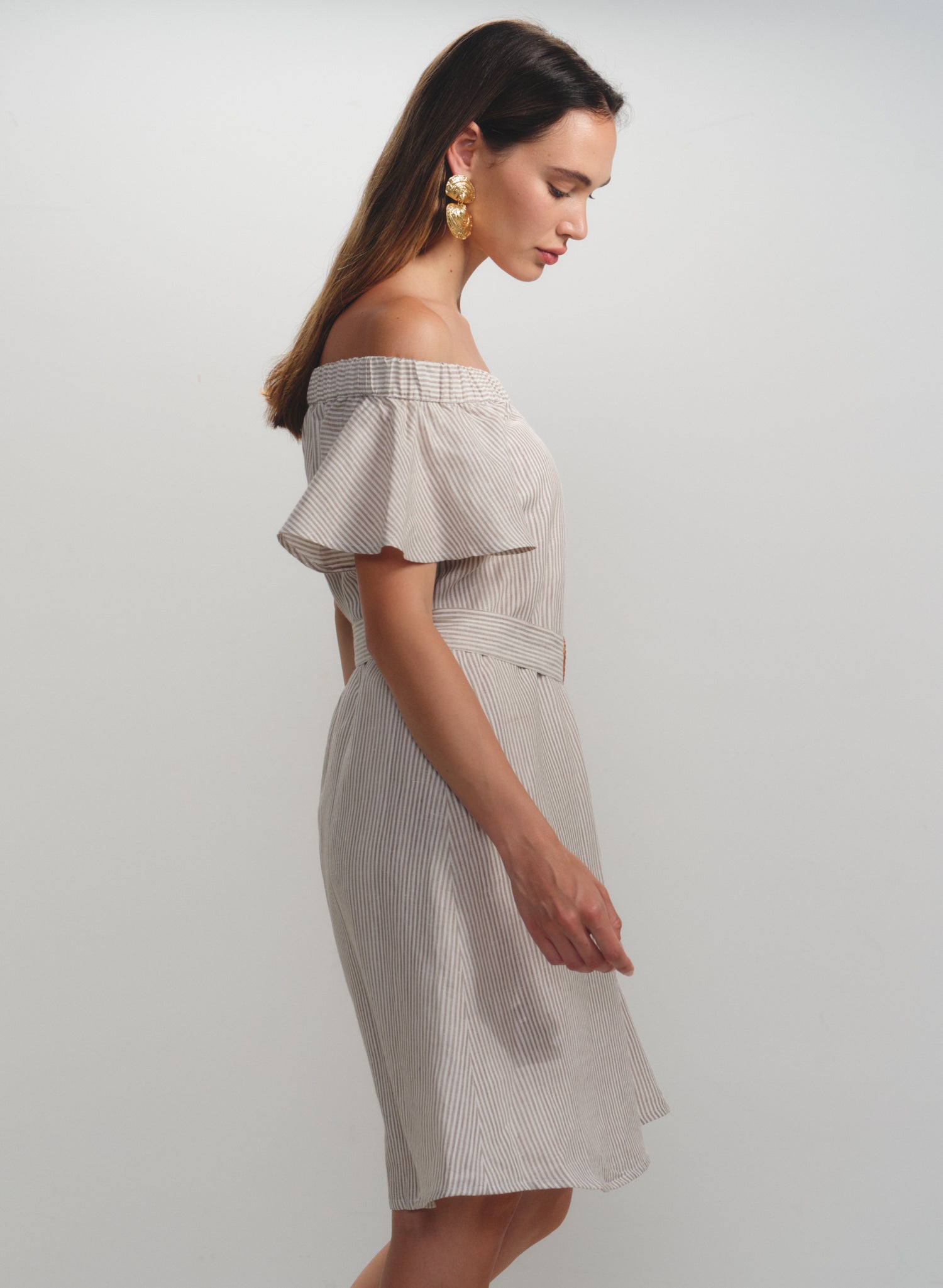 Vestido de rayas con escote bandeau 100% Lino Hinata
