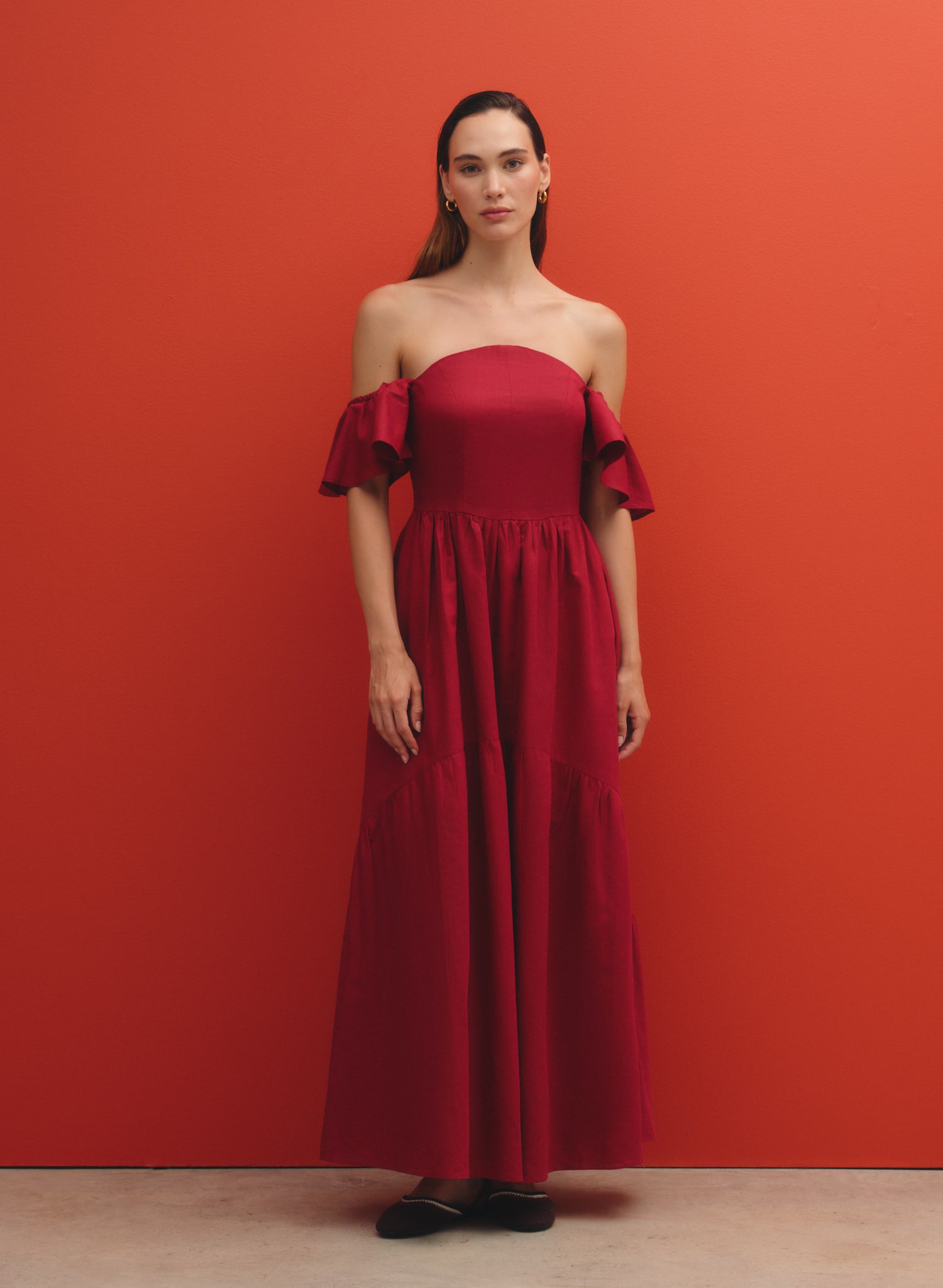 Vestido largo con escote strapless 100% lino Medialuna