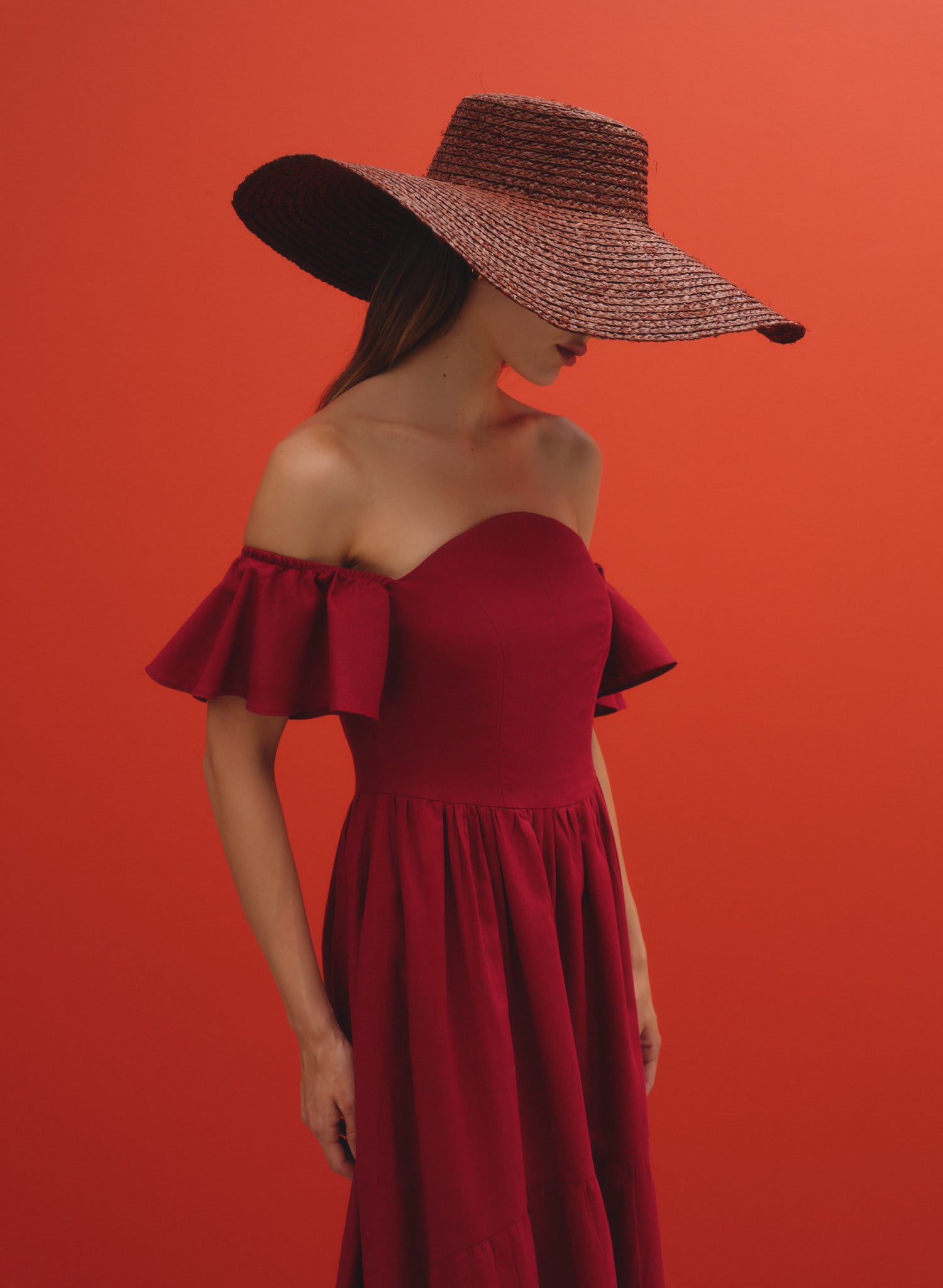 Vestido largo con escote strapless 100% lino Medialuna