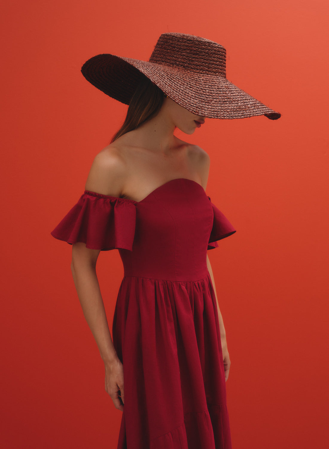 Vestido largo con escote strapless 100% lino Medialuna