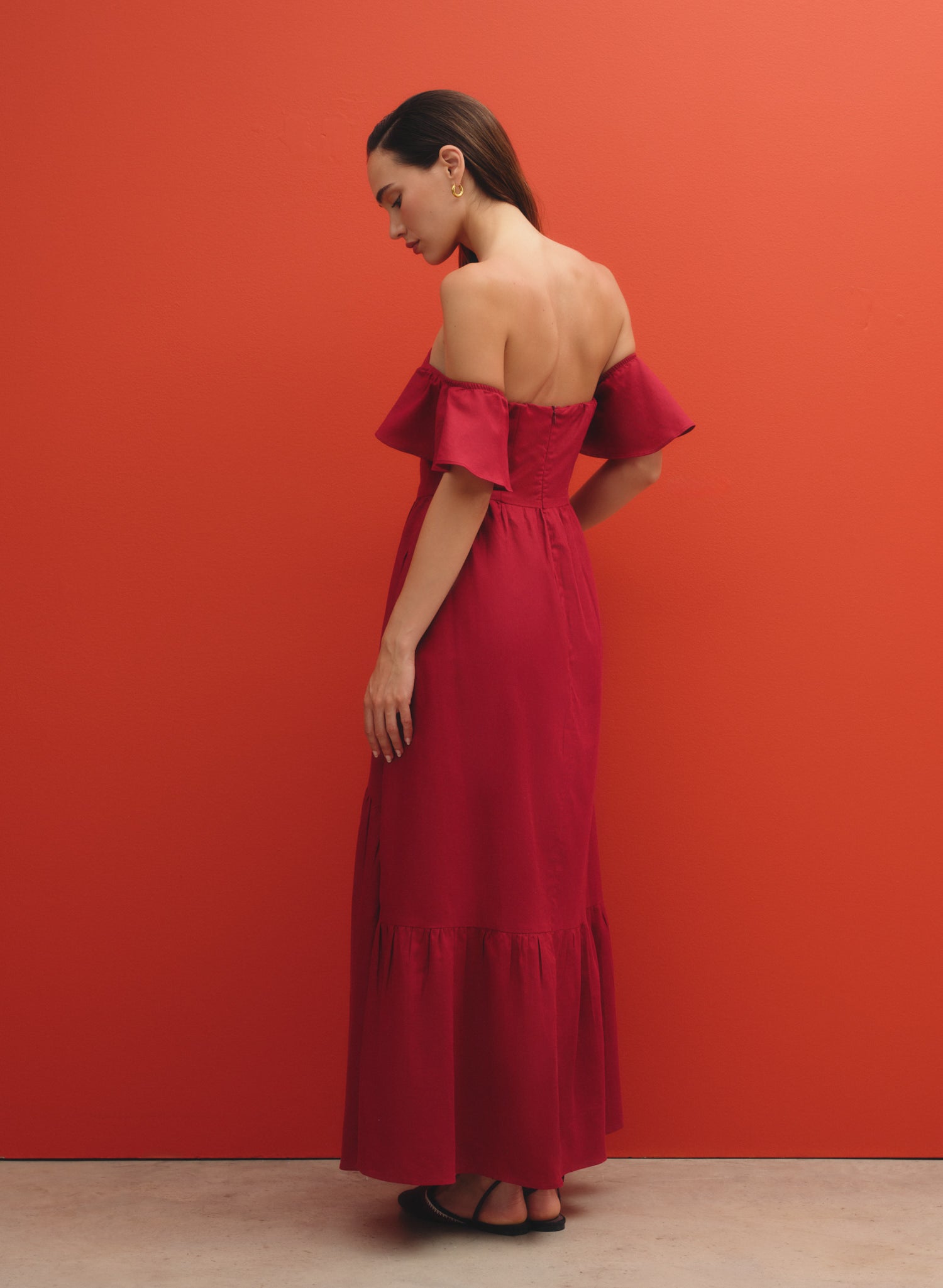 Vestido largo con escote strapless 100% lino Medialuna