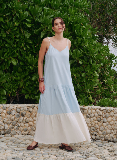 Vestido Largo 100% Lino Arie Azul