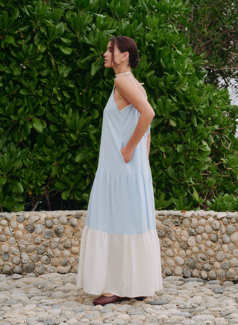 Vestido Largo 100% Lino Arie Azul