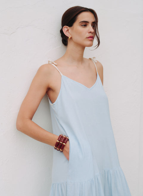 Vestido Largo 100% Lino Arie Azul