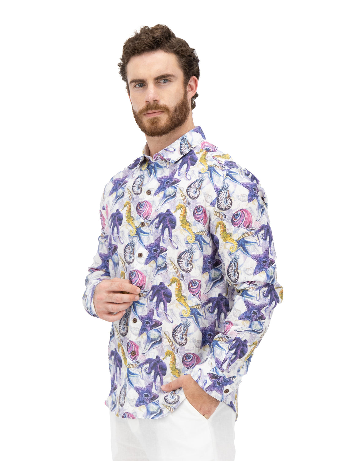 Camisa estampada 100% Lino Buck Purple Underwater