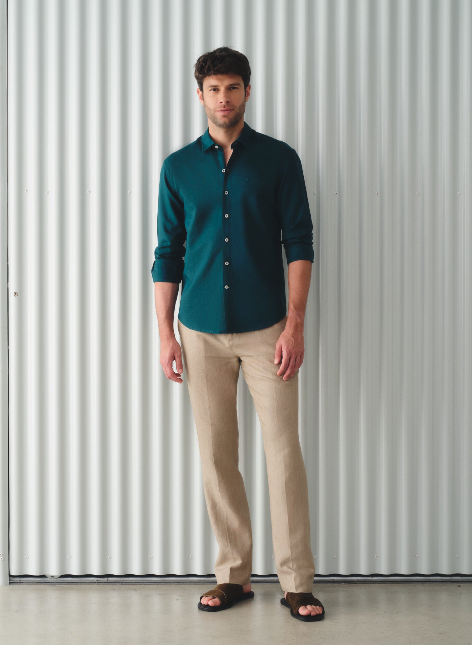 Camisa manga larga 100% Lino Balem Verde Petróleo