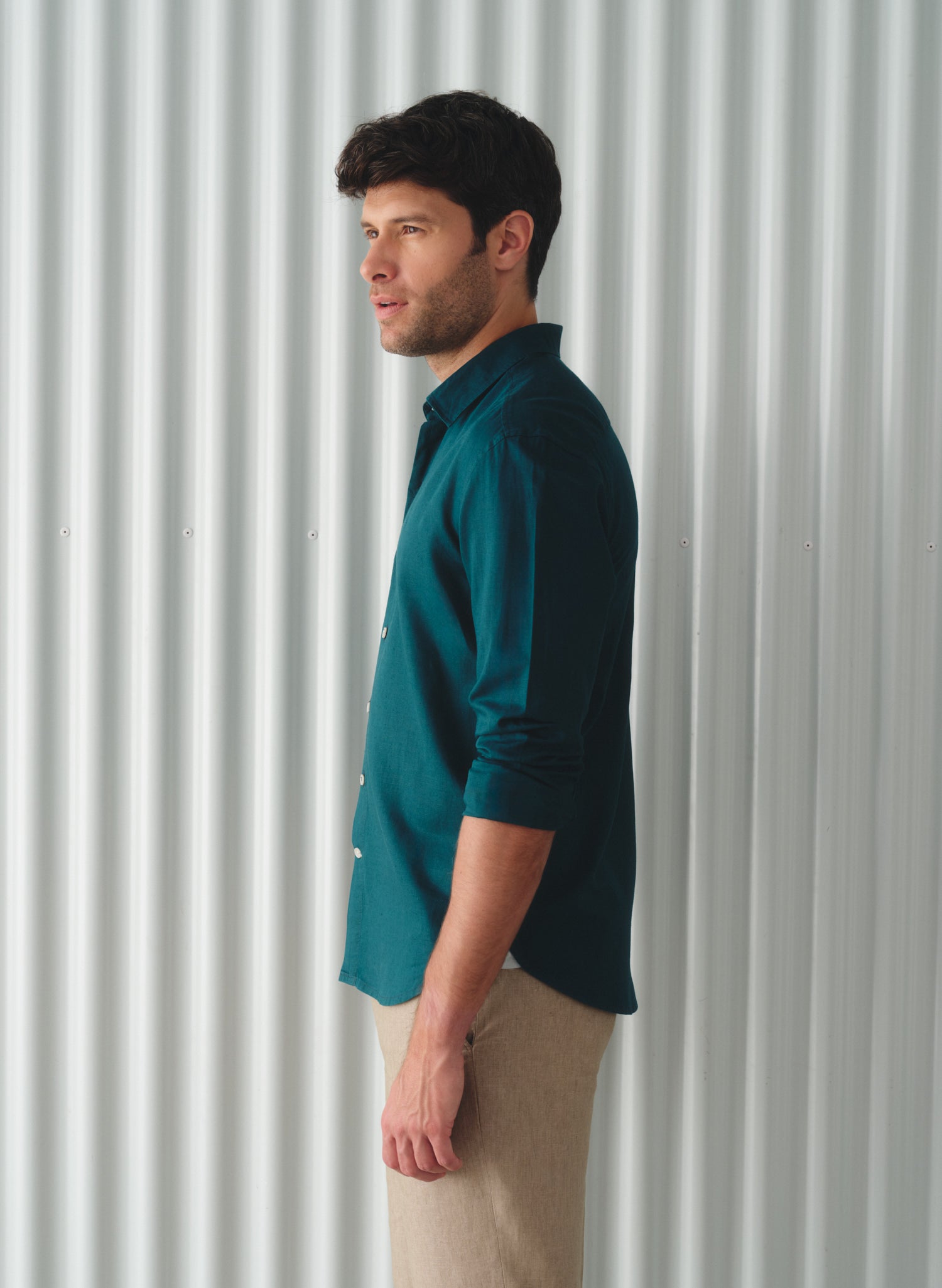 Camisa manga larga 100% Lino Balem Verde Petróleo