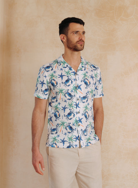 Camisa Hawaiana Lino Algodón Blue Crabster