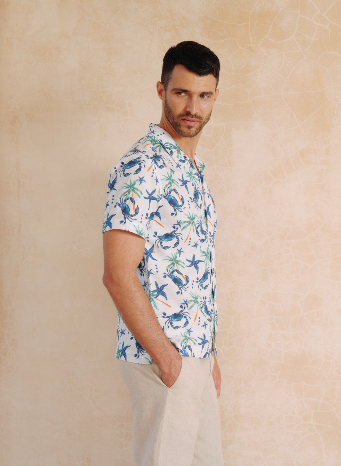 Camisa Hawaiana Lino Algodón Blue Crabster