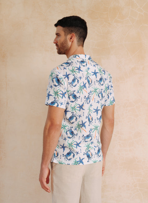 Camisa Hawaiana Lino Algodón Blue Crabster