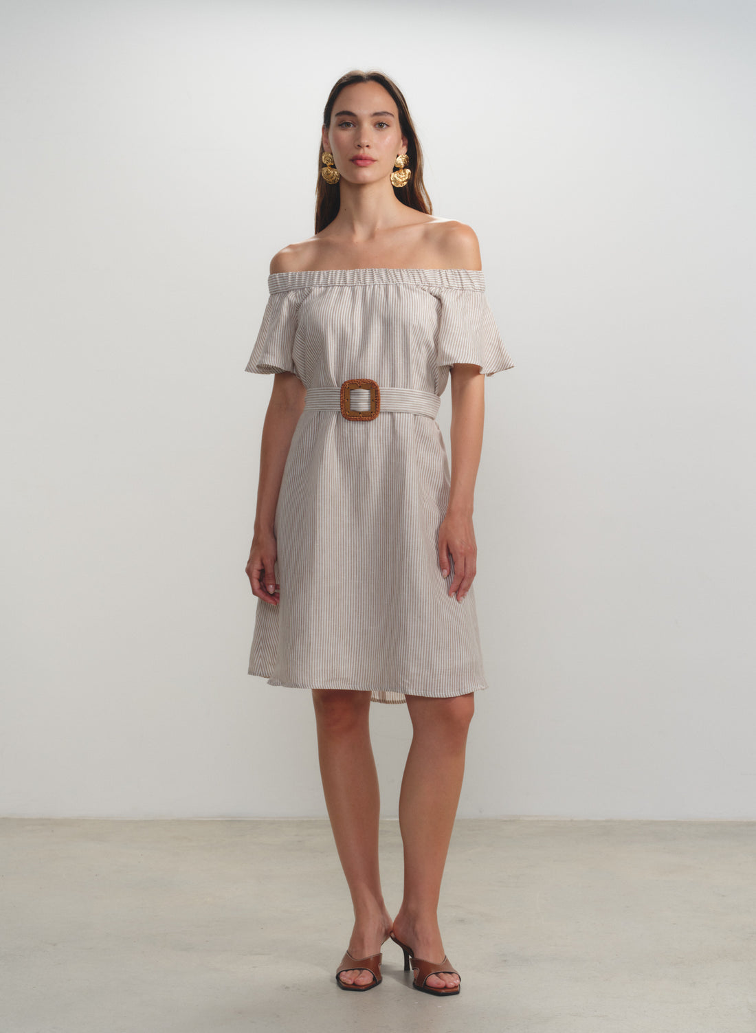 Vestido de rayas con escote bandeau 100% Lino Hinata