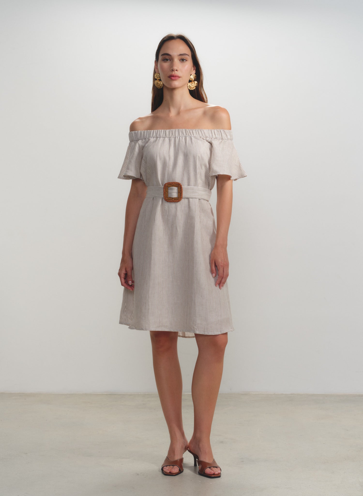 Vestido de rayas con escote bandeau 100% Lino Hinata
