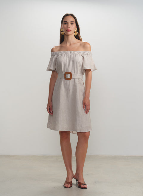Vestido de rayas con escote bandeau 100% Lino Hinata