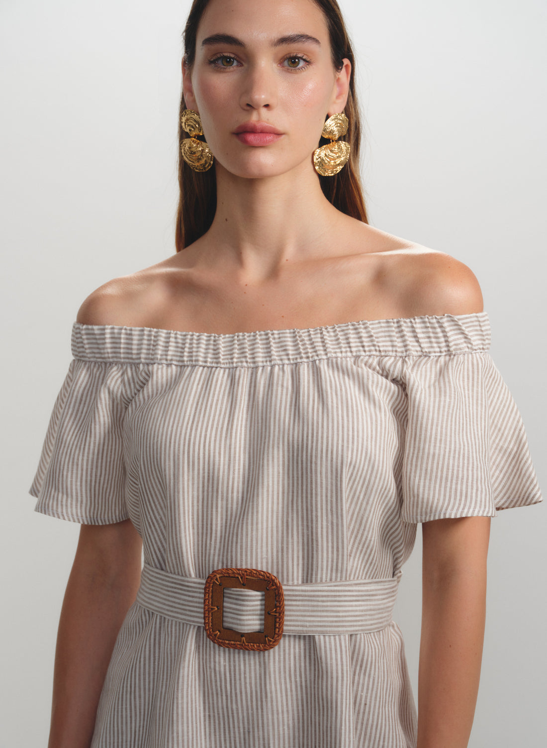 Vestido de rayas con escote bandeau 100% Lino Hinata